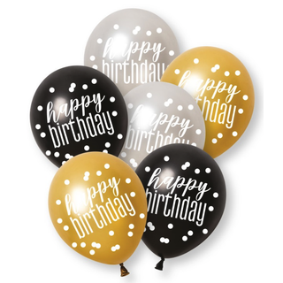Ballonger - "Happy Birthday" Sort & Sølv - 30cm - 6pk