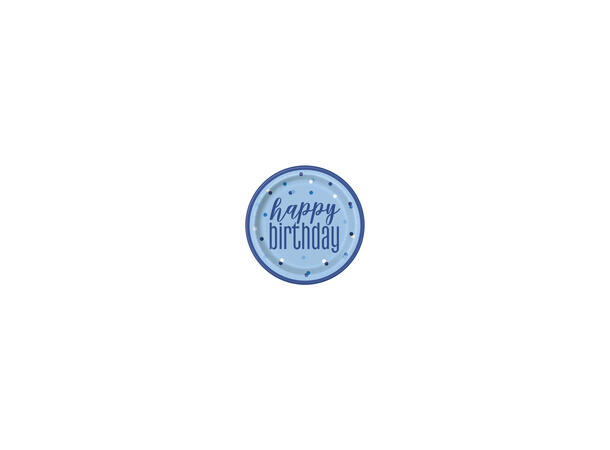 Blå & Sølv Glitz - "Happy Birthday" 8 Plastfrie tallerkener i papp - 23cm
