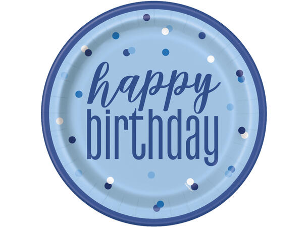 Blå & Sølv Glitz - "Happy Birthday" 8 Plastfrie tallerkener i papp - 23cm