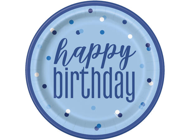 Blå & Sølv Glitz - "Happy Birthday" 8 Plastfrie tallerkener i papp - 23cm