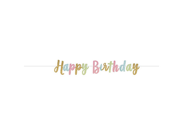 Happy Birthday - Pastell glitter 1 Bokstavbanner i papir m/snor -365x20cm