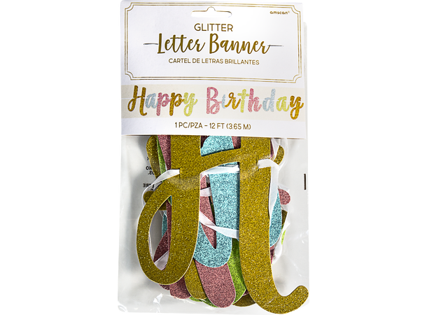 Happy Birthday - Pastell glitter 1 Bokstavbanner i papir m/snor -365x20cm