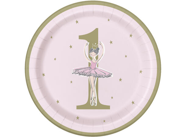 Ballerina Rosa & Gull første bursdag 8 Plastfrie tallerkener i papp - 23cm