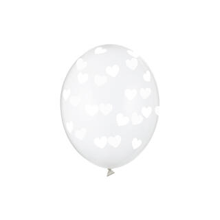 Klare ballonger med hvite hjerter 6 gummiballonger - 30cm (12")