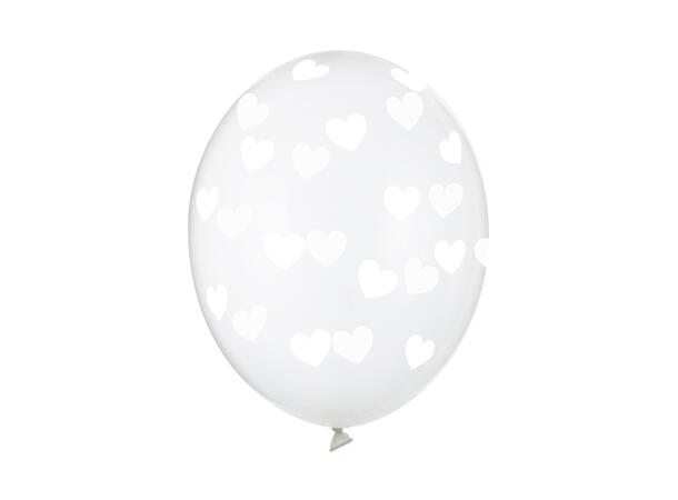 Klare ballonger med hvite hjerter 6 gummiballonger - 30cm (12")