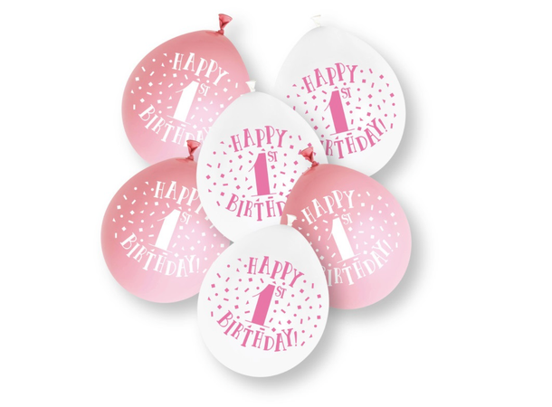 Gummiballonger - Første Bursdag Rosa og Hvit - 25cm - 10pk