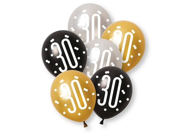 Ballonger - 30 år - Sort & Sølv 30cm - 6pk