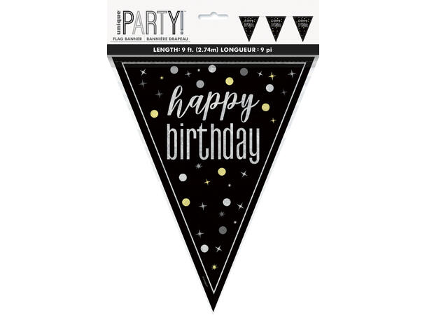 Flaggbanner - "Happy Birthday" Sort & Sølv - 290cm