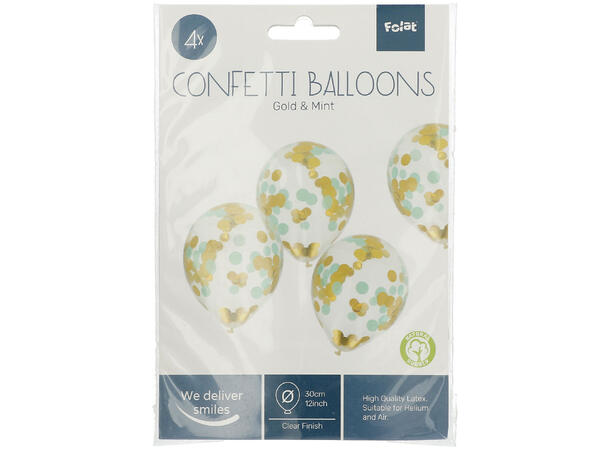 Gjennomsiktig med Gull og mint konfetti 4 Konfettballonger - 30cm (12")