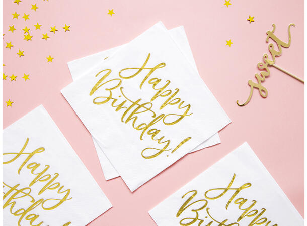 Hvite servietter - Happy Birthday i gull 20 Lunsjservietter - 33x33cm