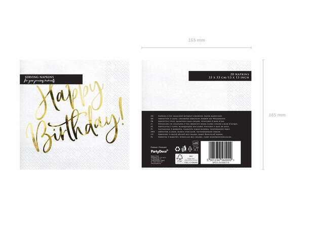Hvite servietter - Happy Birthday i gull 20 Lunsjservietter - 33x33cm