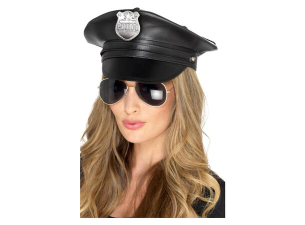 Politirhatt sort - imitert skinn 1 Hatt med elastisk innerstrikk
