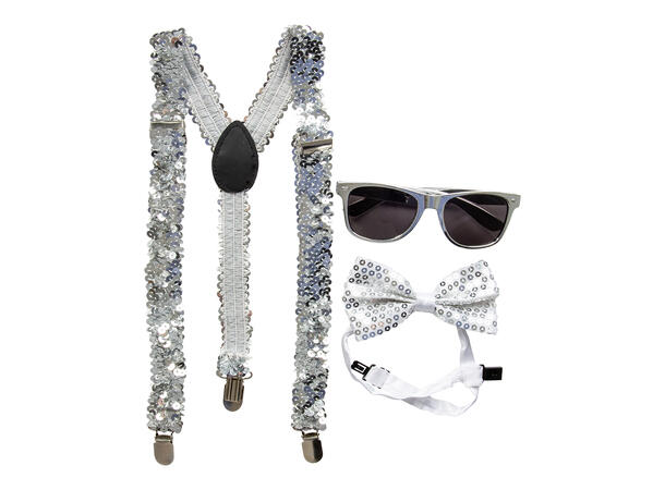 Utkledningssett - Sølv 3 deler - Bukseseler, briller og sløyfe 