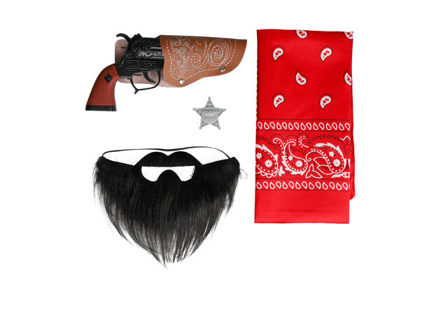 Utkledningssett - Western Sheriff Skjegg, stjerne, revolver, bandana
