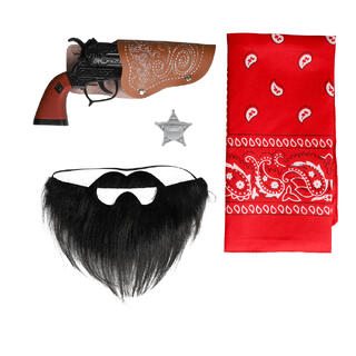 Utkledningssett - Western Sheriff Skjegg, stjerne, revolver, bandana