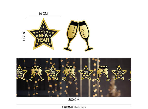 Banner "Happy New Year" - sort/gull 1 Blokkbanner i papir - 3m (16x16cm) 