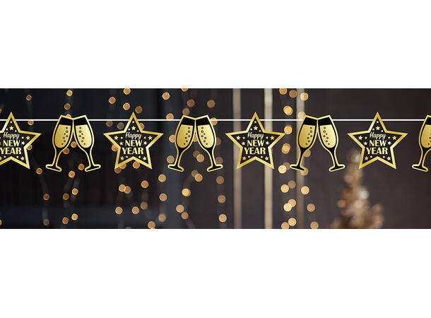 Banner "Happy New Year" - sort/gull 1 Blokkbanner i papir - 3m (16x16cm) 