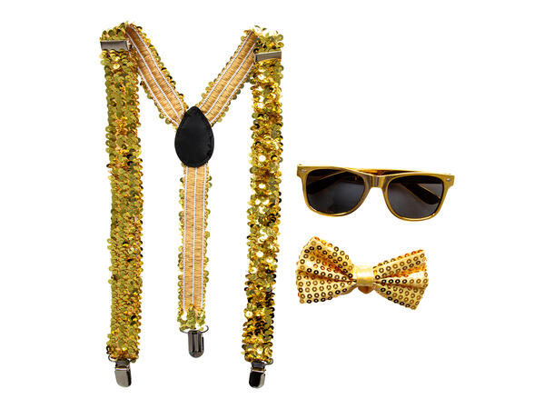 Utkledningssett - Gull 3 deler - Bukseseler, briller og sløyfe 