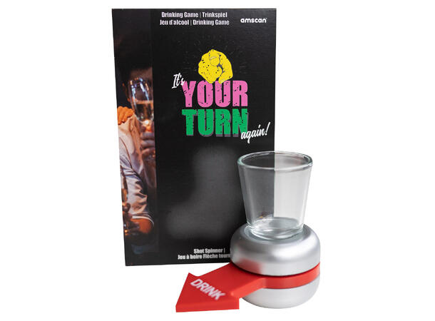 Drikkelek - Shottetuten peker på 1 plastglass og en spinner i plast 