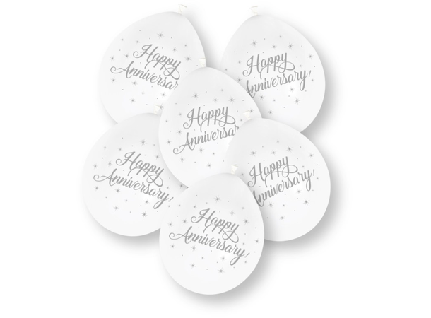 "Happy Anniversary" - Hvit m/sølv 10 Gummiballonger - 25cm (10")