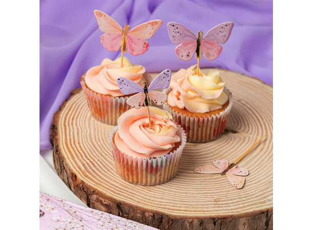 Sommerfugl pastel 12 Kaketopper på pinne - 4-6cm 