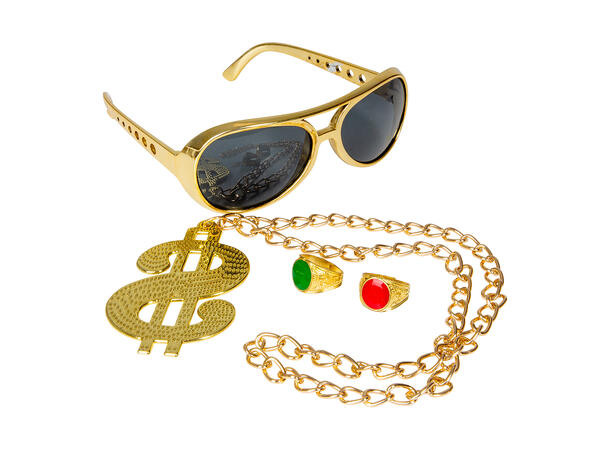 Utkledningssett - Gangster 4 deler - Briller, halskjede, 2x ringer 