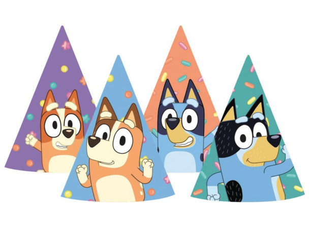 Bluey 8 Hatter i papir med strikk- assrotert 