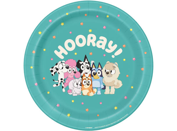 Bluey "Hooray" 8 Runde tallerkener i papp - 23cm 